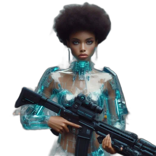 weapon, dress, robot, concept art, cyberpunk, fantasy art, comic book art, woman transparent PNG cut-out