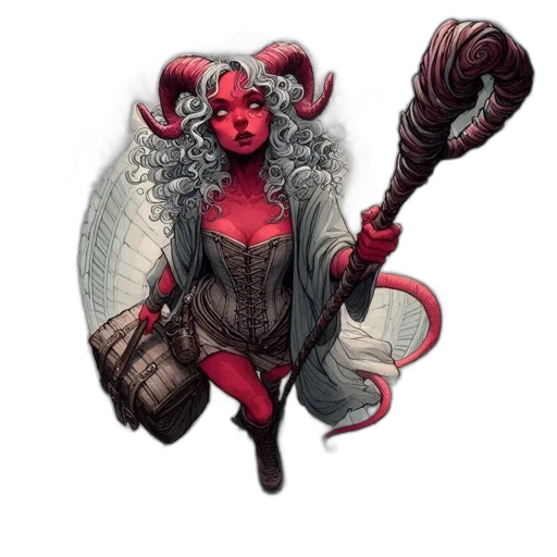 staff, fantasy art, concept art, comic book art, pixel art, red, fiery-skinned, female transparent PNG cut-out