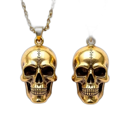 jewelry, 3d render, two, gold-colored, skull, pendants, displayed, against transparent PNG cut-out