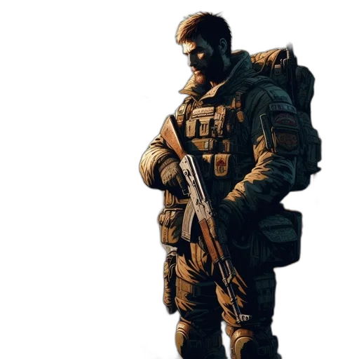 jacket, weapon, concept art, pixel art, 3d render, comic book art, golden, green transparent PNG cut-out