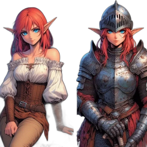 fantasy art, concept art, pixel art, comic book art, red, two, illustrations, female transparent PNG cut-out