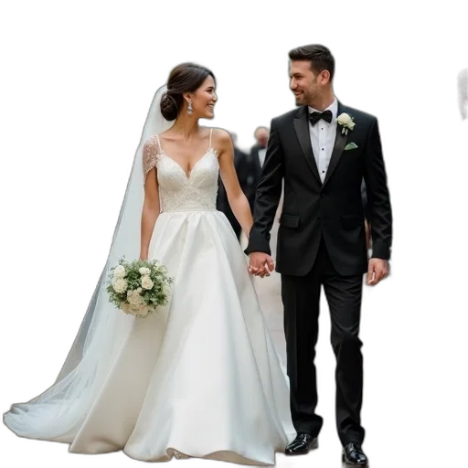 dress, jewelry, umbrella, photorealistic, 3d render, bride, groom, walking transparent PNG cut-out