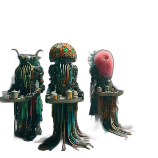 creature, robot, hair, staff, concept art, 3d render, pixel art, fantasy art transparent PNG cut-out