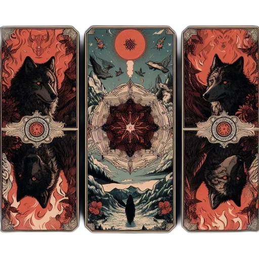 concept art, fire, outer space, red, dark, triptych, features, wolves transparent PNG cut-out