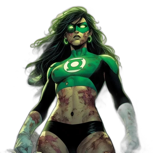 comic book art, concept art, green, female, superhero, emerges, rocks, sporting transparent PNG cut-out