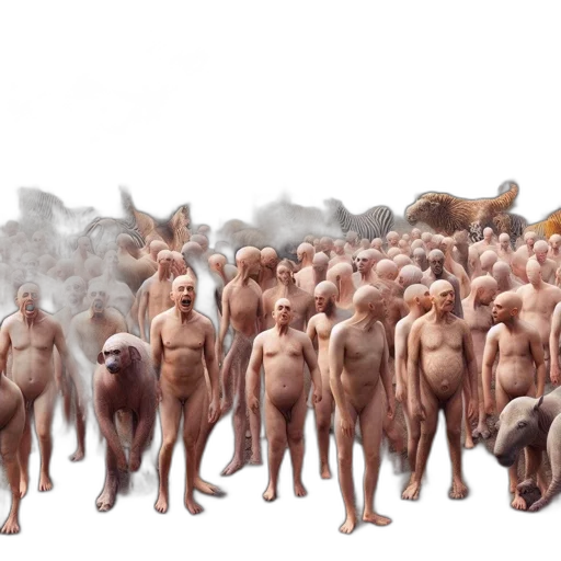animal, concept art, bizarre, zoo, setting, group, bald, humanoid transparent PNG cut-out