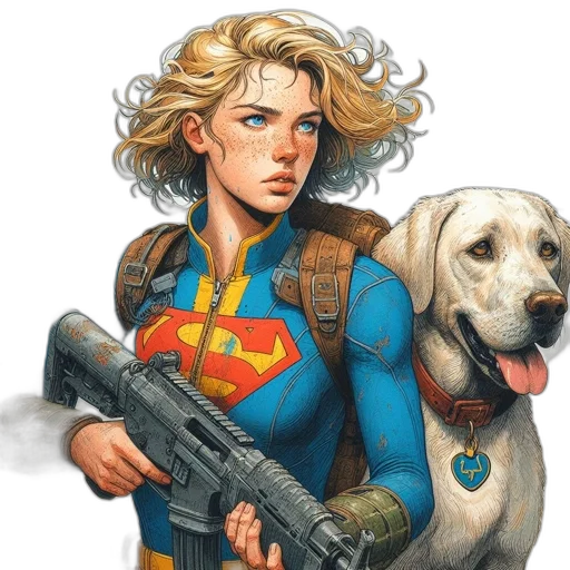 weapon, comic book art, concept art, fantasy art, cartoon, blonde-haired, woman, wearing transparent PNG cut-out