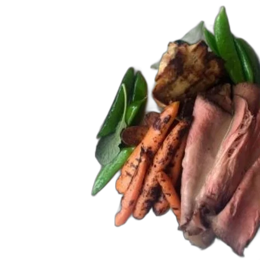 food, plate, roast, beef, carrots, peas, sage, leaves transparent PNG cut-out