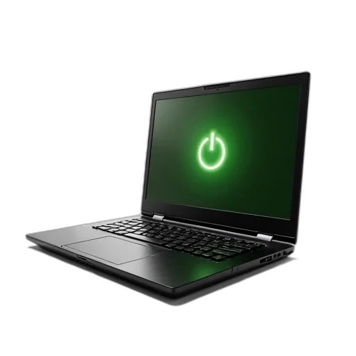 3d render, sleek, black, laptop, green, power, button, open transparent PNG cut-out
