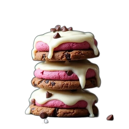 food, photorealistic, stack, three, chocolate, chip, cookies, pink transparent PNG cut-out