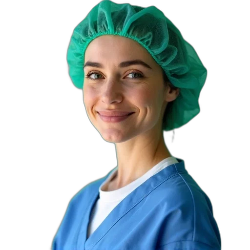 staff, face, hat, person, wearing, green, surgical, cap transparent PNG cut-out