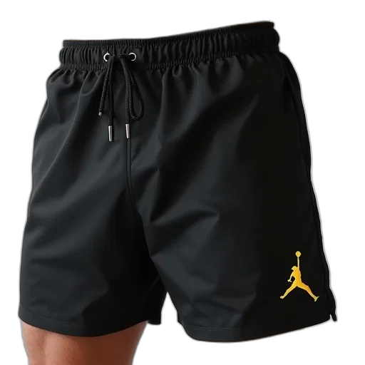 pair, black, athletic, shorts, yellow, embroidered, logo, right transparent PNG cut-out