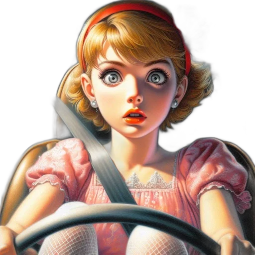 car, comic book art, concept art, photorealistic, cartoon, blonde, woman, blue transparent PNG cut-out
