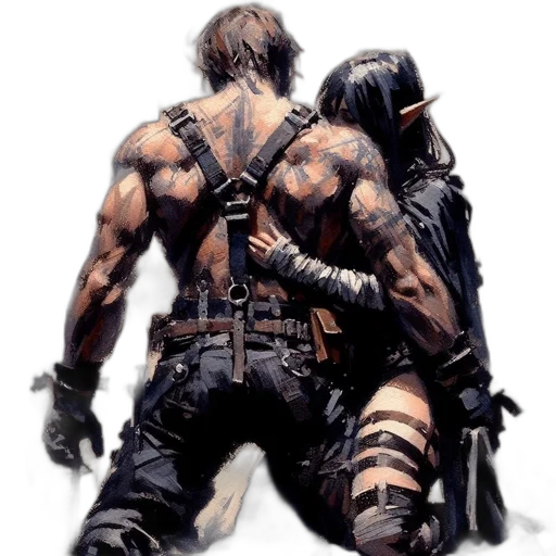 weapon, concept art, fantasy art, cyberpunk, comic book art, tattooed, male, embraced transparent PNG cut-out