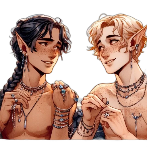 jewelry, fantasy art, concept art, pixel art, watercolor, two, elf-like, characters transparent PNG cut-out