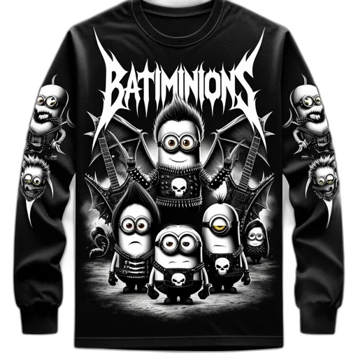 black, long-sleeve, shirt, features, despicable, inspired, design, showcasing transparent PNG cut-out