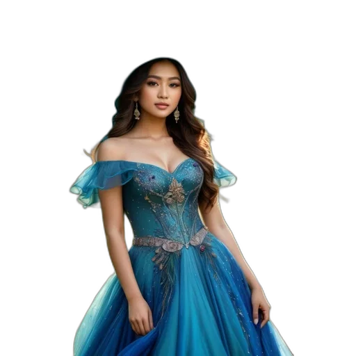 dress, fantasy art, photorealistic, concept art, 3d render, blue, woman, stands transparent PNG cut-out