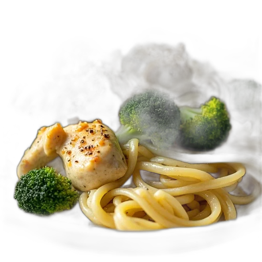 food, photorealistic, 3d render, close-up, view, dish, chicken, broccoli transparent PNG cut-out