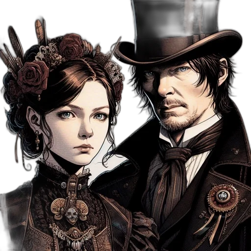 hat, comic book art, fantasy art, concept art, photorealistic, dark, two, individuals transparent PNG cut-out