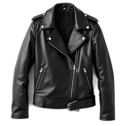 jacket, 3d render, black, leather, zipper, buttons, displayed, against transparent PNG cut-out
