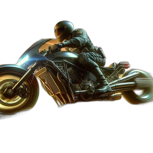 weapon, concept art, photorealistic, 3d render, comic book art, motorcyclist, speeds, along transparent PNG cut-out