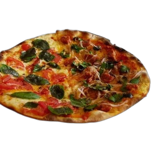 food, photorealistic, 3d render, delicious, pizza, tomato, slices, basil transparent PNG cut-out