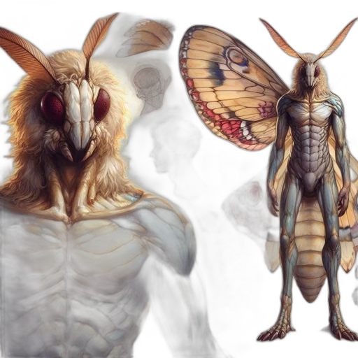 creature, concept art, fantasy art, 3d render, illustration, portrays, moth-humanoid, figure transparent PNG cut-out