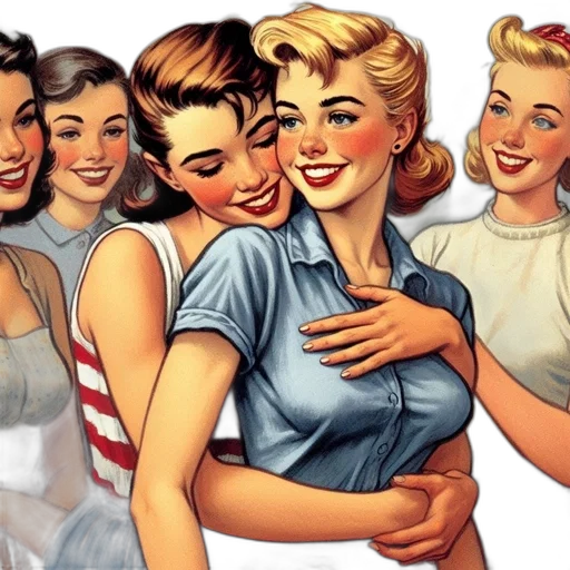 comic book art, concept art, five, women, blonde, brunette, hair, vintage transparent PNG cut-out