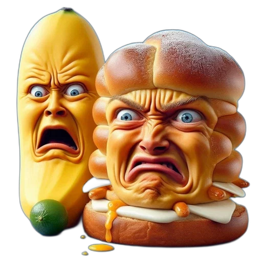food, face, mask, photorealistic, concept art, 3d render, two, anthropomorphized transparent PNG cut-out