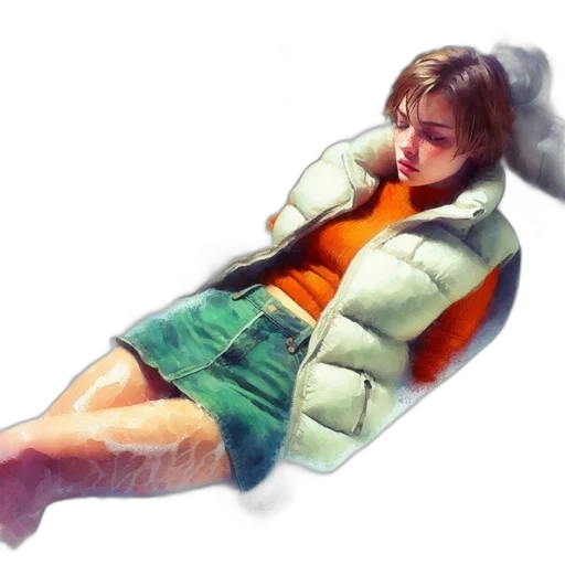 jacket, furniture, photorealistic, 3d render, concept art, oil painting, young, woman transparent PNG cut-out
