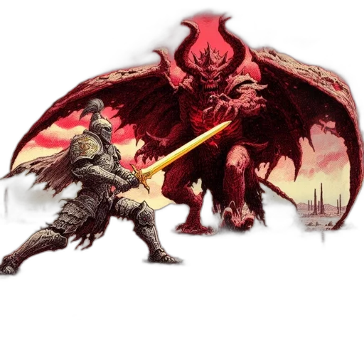 dragon, sword, concept art, fantasy art, pixel art, comic book art, red, armored transparent PNG cut-out