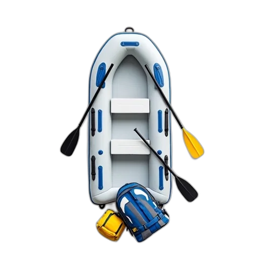 3d render, white, inflatable, boat, blue, accents, displayed, background transparent PNG cut-out
