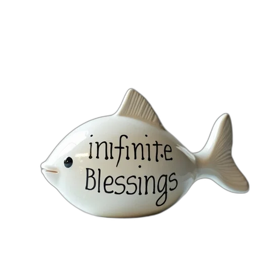 3d render, ceramic, figurine, fish, word, infinite, blessings, written transparent PNG cut-out