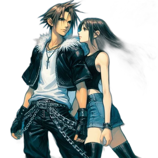 concept art, anime, photorealistic, pixel art, monochrome, two, characters, contrasting transparent PNG cut-out