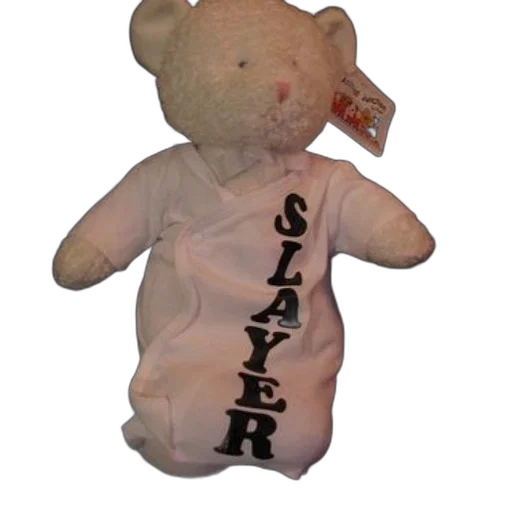 staff, 3d render, stuffed, animal, wearing, shirt, says, slayer transparent PNG cut-out