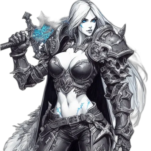 weapon, sword, fantasy art, comic book art, concept art, pencil sketch, woman, long transparent PNG cut-out