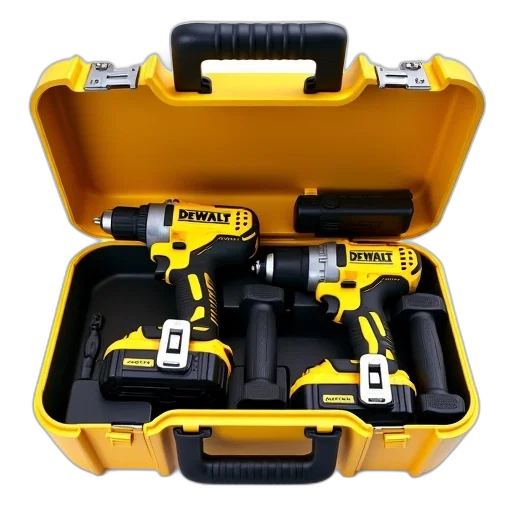 yellow, black, toolbox, open, displaying, two, power, drills transparent PNG cut-out