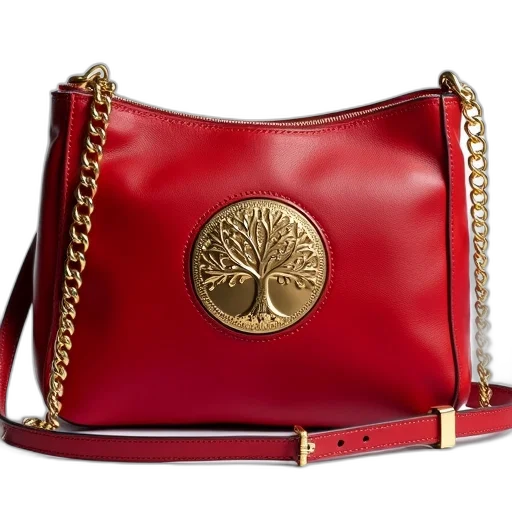 jewelry, red, leather, handbag, gold, emblem, center, front transparent PNG cut-out