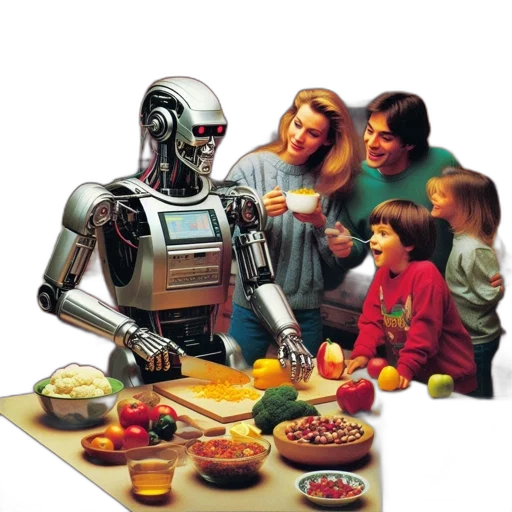 robot, food, cyberpunk, concept art, outer space, family, observes, chopping transparent PNG cut-out