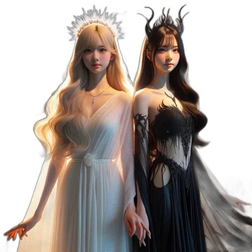 dress, fantasy art, 3d render, concept art, photorealistic, two, women, stand transparent PNG cut-out