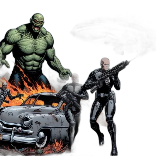 comic book art, concept art, three, armored, figures, advance, down, war-torn transparent PNG cut-out