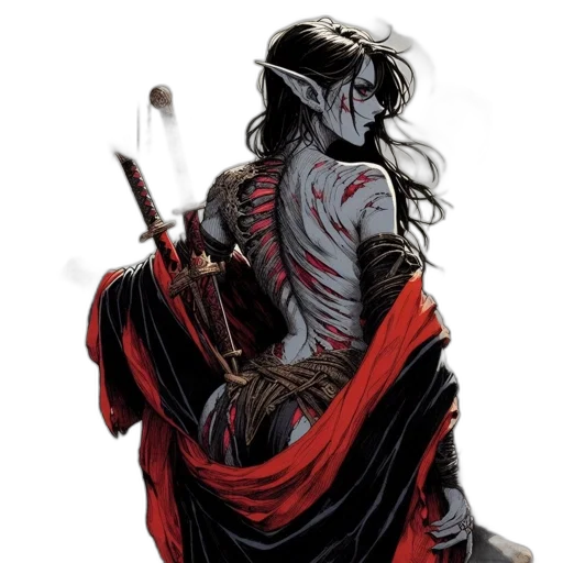 sword, comic book art, concept art, fantasy art, red, ethereal, figure, elven transparent PNG cut-out