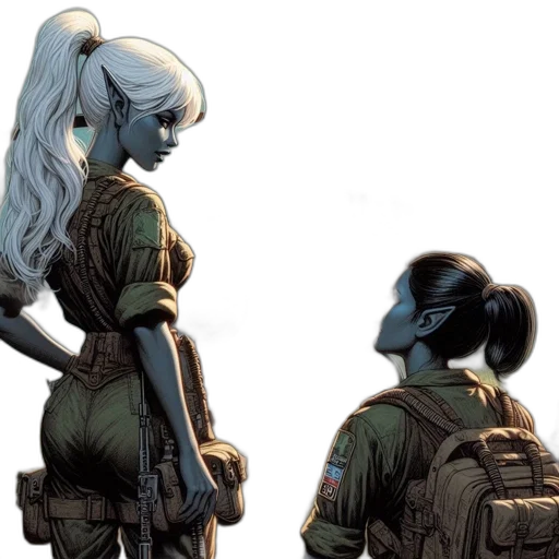 comic book art, concept art, two, female, military, personnel, one, long transparent PNG cut-out