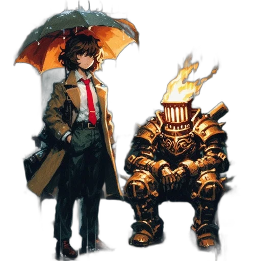 jacket, umbrella, robot, concept art, pixel art, fantasy art, comic book art, rain transparent PNG cut-out