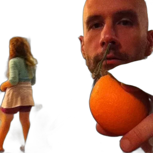 dress, food, creature, animal, photorealistic, man, holds, orange transparent PNG cut-out