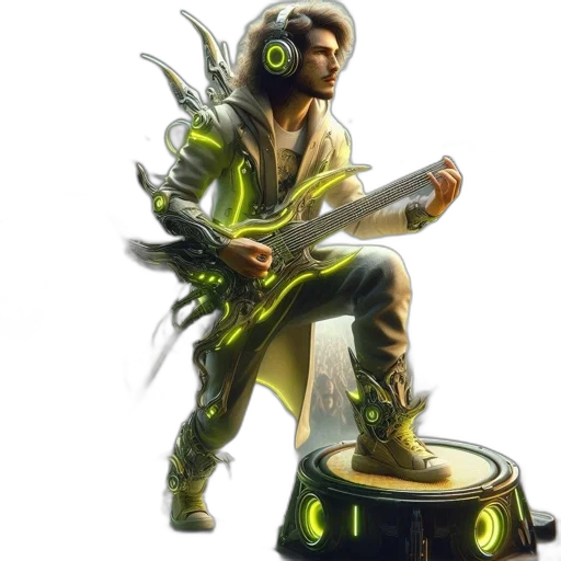staff, weapon, jacket, concept art, fantasy art, cyberpunk, 3d render, green transparent PNG cut-out
