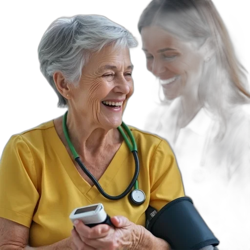 staff, elderly, woman, grey, hair, wearing, yellow, shirt transparent PNG cut-out
