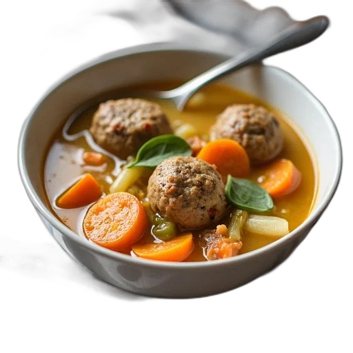food, 3d render, photorealistic, bowl, soup, meatballs, vegetables, placed transparent PNG cut-out