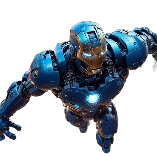 robot, weapon, concept art, 3d render, blue, gold, armored, possibly transparent PNG cut-out