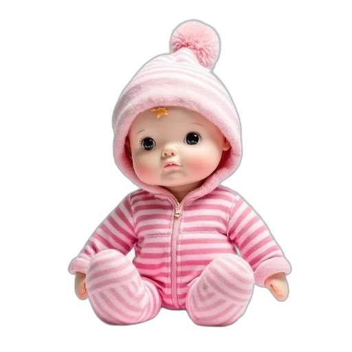 3d render, photorealistic, pink, plush, doll, white, hat, striped transparent PNG cut-out